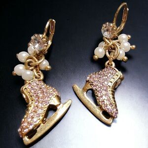 NEW Betsey Johnson Vintage Winter Glam Pink Crystal Ice Skates Holiday Earrings